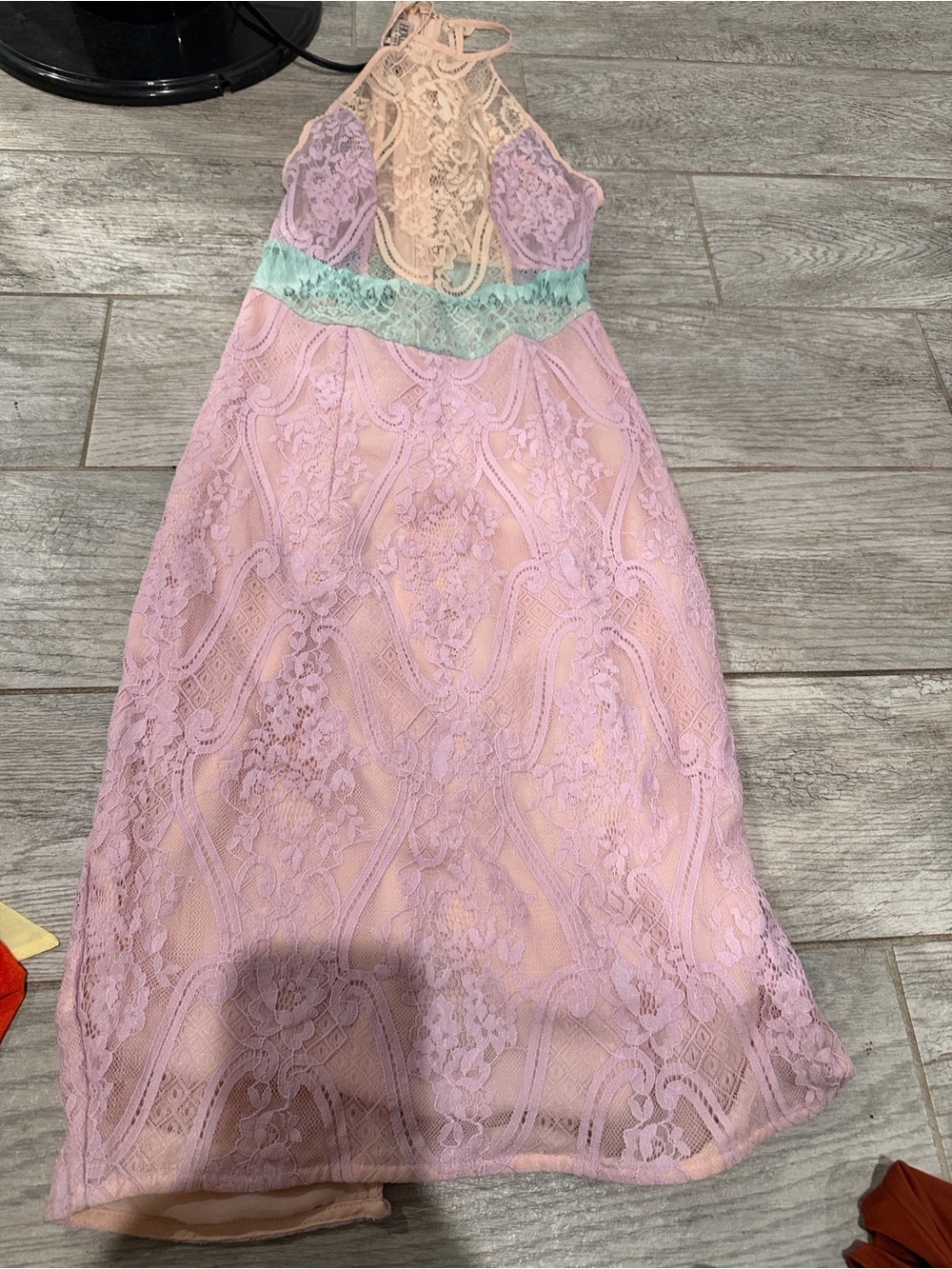 House of CB Pink Lace Midi Dress with Mint Waistband